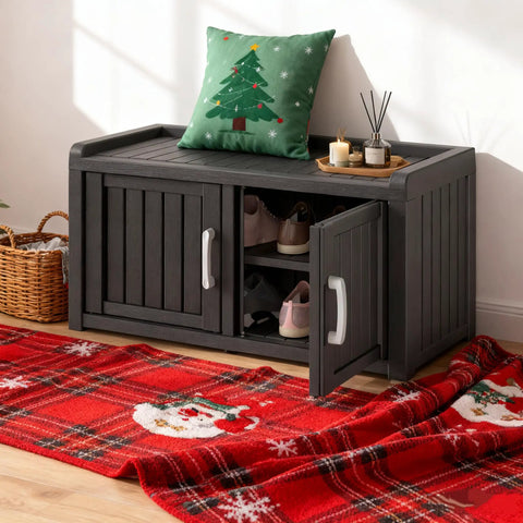 All Weather Outdoor Shoe Storage Cabinet With Two Barn Doors in classic black with Christmas decor and open door showing shoes inside.