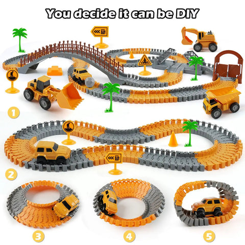 Construction Race Car Track Set For Kids With Flexible Bendable Tracks And 2 Electric Cars DIY Road Builder Playset