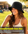 Woman wearing Unisex Sun Bucket Hat With UV Protection, Lightweight Packable And Foldable Waterproof Beach And Hiking Hat