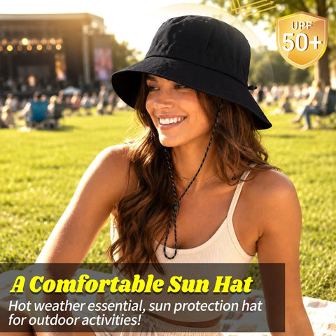 Woman wearing Unisex Sun Bucket Hat With UV Protection, Lightweight Packable And Foldable Waterproof Beach And Hiking Hat