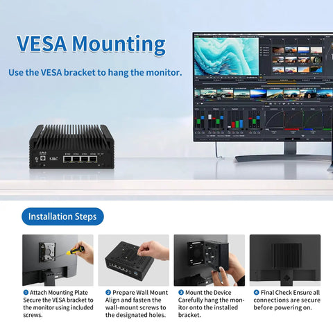 Beefy Fanless Mini PC Powered By The Snappy Intel Celeron J6413 Chip Coupled With Four Rock Solid 2.5GbE Ports For Seamless Opnsense Routing, Loaded With 32Gb Ram And 512Gb Nvme Storage, Homelab Ready mounted using VESA bracket.