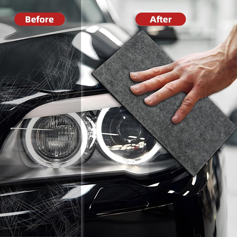 Hand using Multi Purpose Car Scratch Repair Kit With Six Nano Cloths For Light Scratches Swirls And Water Spots Quick DIY Car Fix