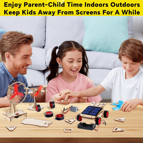 Family building Four In One Solar Power And Engineering STEM Kit with 3D wood puzzles and solar components on a table.