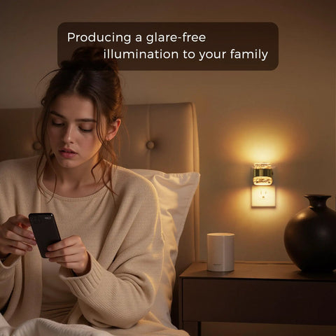 Chill Vibes Led Night Light Plug In Wall with Adjustable Color Temp and Triple Brightness glowing softly beside bed.