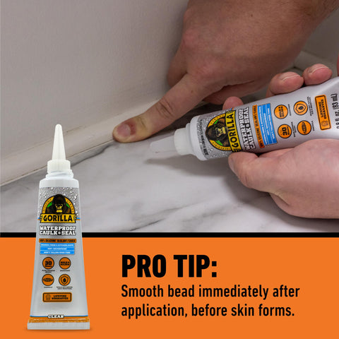 Go To 100 Percent Silicone Waterproof Caulk Sealant Clear 2.8 Oz Tube Fast Cure In Thirty Minutes Mold Resistant For Kitchen Window Bath Marine Door And Outdoor Use being applied to a corner joint with a pro tip on smoothing the bead.