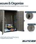 Open Weatherproof Outdoor Storage Cabinet Vertical Shed With Lockable Padlock-Ready Handles 54 Cu Ft showing tools inside