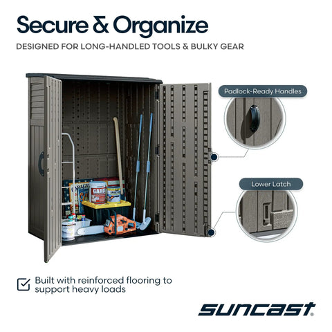 Open Weatherproof Outdoor Storage Cabinet Vertical Shed With Lockable Padlock-Ready Handles 54 Cu Ft showing tools inside