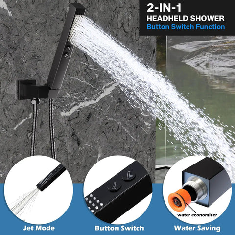 Enga Dual Head Shower System with Jets, 16" + 6" Shower Head with 4 Body Jets, 2-in-1 Handheld Shower Faucet Set, Matte Black handheld shower in jet mode.