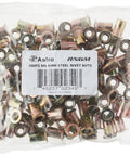 Heavy Duty 100 Piece M6 Zinc Plated Knurled Steel Rivet Nuts Pack For Pneumatic Rivet Nut Guns With M6 Thread Eight Point Nine Millimeter Outer Diameter Nine Millimeter Drill Size Fifteen Millimeter Length Ideal For Auto Shop And DIY Projects in a clear plastic bag
