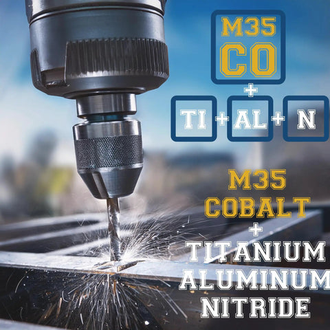 Drill using Five-Eighths Inch Metal Drill Bit Industrial Grade M35 Cobalt Titanium Aluminum Nitride Coated with sparks.