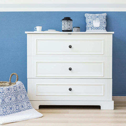 White dresser with 18 Pack Matte Black Cabinet Knobs And Drawer Pulls, 30mm Diameter, Includes Short And Long M4 Screws, Easy Install Gear
