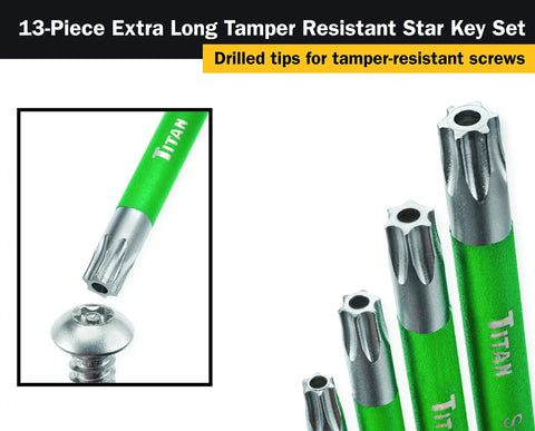 Extra-Long Tamper-Resistant Star Key Set, 13-Piece, Green Handle, Drilled Tips for Security Fasteners, S2 Steel, close-up view
