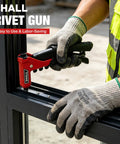 One Handed Rivet Gun Kit With 200 Pop Rivets And 4 Interchangeable Nosepieces 4 HSS Drill Bits Carrying Case being used by worker
