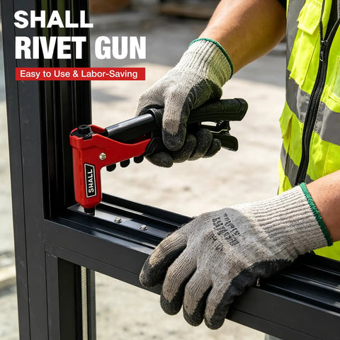 One Handed Rivet Gun Kit With 200 Pop Rivets And 4 Interchangeable Nosepieces 4 HSS Drill Bits Carrying Case being used by worker