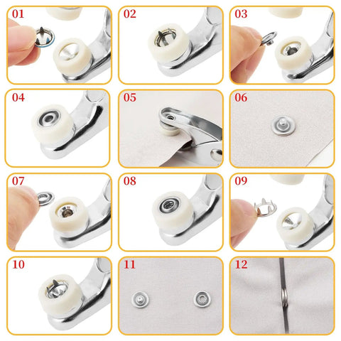 Steps showing 100 Full Snap Button Sets 9.5mm Metal Snaps With Silver Hollow Prongs Includes Pliers Press Tool Kit installation on fabric.