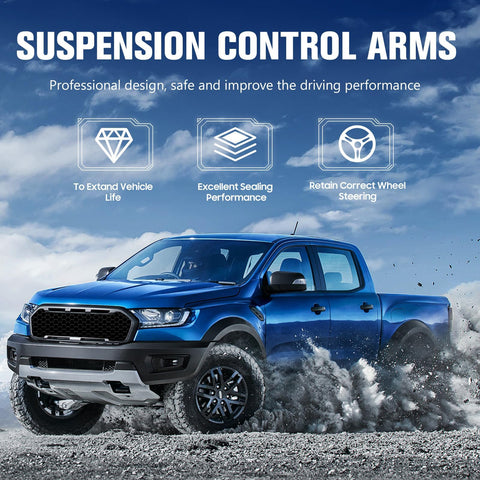 Blue pickup truck demonstrating Front Right And Left Upper Control Arm With Ball Joint Assembly For 2011 2015 Durango And 2011 2015 Grand Cherokee 2 Piece Set High Strength Steel Replacement benefits on rocky terrain.