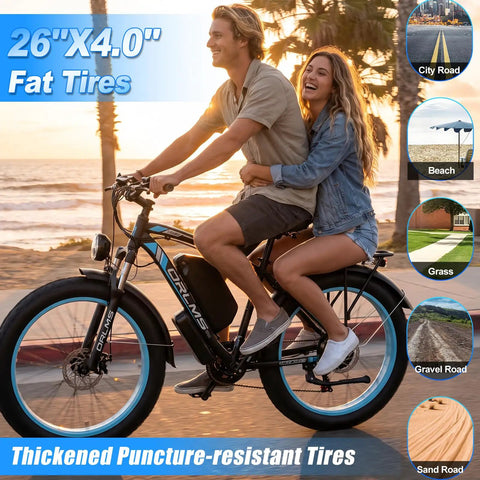 Badass 9000W Dual Motor Electric Bike For Adults with 26"x4.0" fat tires on a sunset beach road.