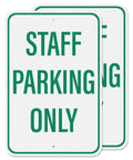 Two Pack Built Tough Reflective Parking Signs For Office Staff And Employees 18 By 12 Inch Aluminum Heavy Duty Surface Top Shelf Visibility No Nonsense Vehicle Lot Markers with 'STAFF PARKING ONLY' text.