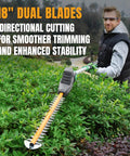 Man using 20V Cordless Pole Hedge Trimmer With 9.2 Foot Reach, 11-Position Rotating Head, Extension Pole, trimming shrubs.