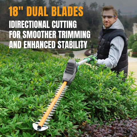 Man using 20V Cordless Pole Hedge Trimmer With 9.2 Foot Reach, 11-Position Rotating Head, Extension Pole, trimming shrubs.