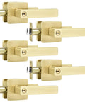 5 Pack Entry Door Lockset With Keys, Gold Door Handles For Interior Or Exterior Doors, Heavy Duty Front Door Levers