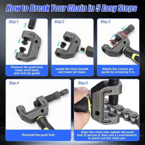 Pro Grade 14 Piece Heavy Duty Motorcycle Chain Breaker Tool Kit With Chain Cutter, Link Removal And Rivet Press, step-by-step guide