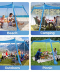 Sun Shield Beach Canopy 11x11 Ft Easy Pop Up Tent With UPF50 Plus Protection No Fuss Windproof Frame in various outdoor scenes.