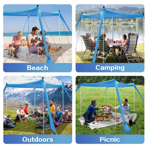 Sun Shield Beach Canopy 11x11 Ft Easy Pop Up Tent With UPF50 Plus Protection No Fuss Windproof Frame in various outdoor scenes.