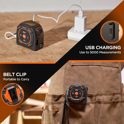 2 In 1 Laser Distance Meter And 16 Foot Auto Lock Digital Tape Measure For Quick One Handed Measurements A Real Workhorse For Wide Area Scans And Tight Corners 197 Ft Laser Range And 16 Ft Auto Locking Tape For Builders And DIYers, USB charging and belt clip