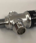 Close-up of Three Way Thermostatic Mixing Valve With 1/2NPT Connections in solid brass, Fahrenheit markings visible.
