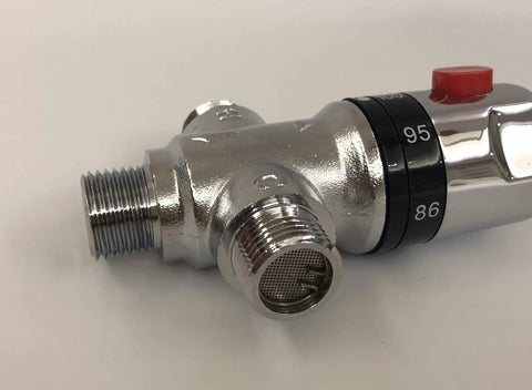 Close-up of Three Way Thermostatic Mixing Valve With 1/2NPT Connections in solid brass, Fahrenheit markings visible.