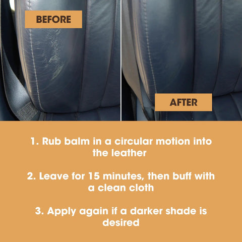 Leather Recoloring Balm Dark Brown Dye For Couches Furniture And Car Seats Scratch Remover And Fading Repair For Damaged Leather Restore Color And Shine With Easy Application shown before and after on car seat.
