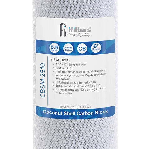Label of 0.5 Micron Coconut Shell Water Filter Cartridge For 10 Inch Reduces Odors showing features and certifications.
