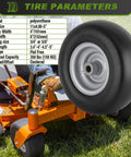 Flat Free 11x4.00-5 Lawn Mower Front Tires For Zero Turn Mowers With Solid Smooth Tread, shown on a lawn mower