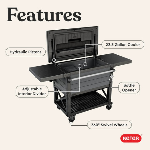 89.8 Qt Portable Outdoor Beverage Cooler Cart With Swivel Wheels Folding Top Lid Shelves And Built-In Bottle Opener In Graphite