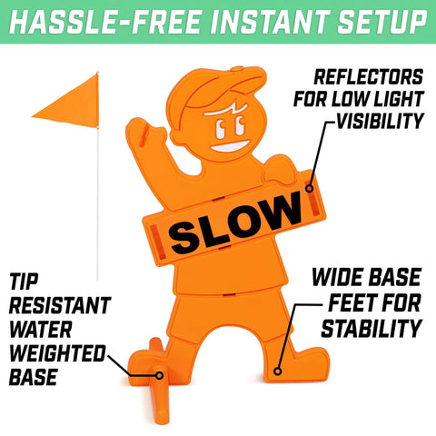Kids At Play Street Safety Sign With High Visibility Neon Orange Design, All Weather Durability, Includes Warning Flag To Slow Down Drivers And Keep Pedestrians Safe with reflective details and stable base.