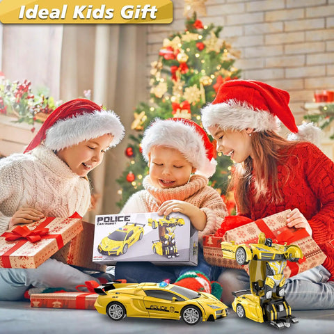 Children in Santa hats opening gifts with Epic Transforming RC Car For Kids With Robot Mode, toy box visible, Christmas tree background