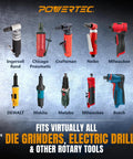 Powertec compatibility chart for 2-inch die grinders, electric drills, and other rotary tools from various brands.