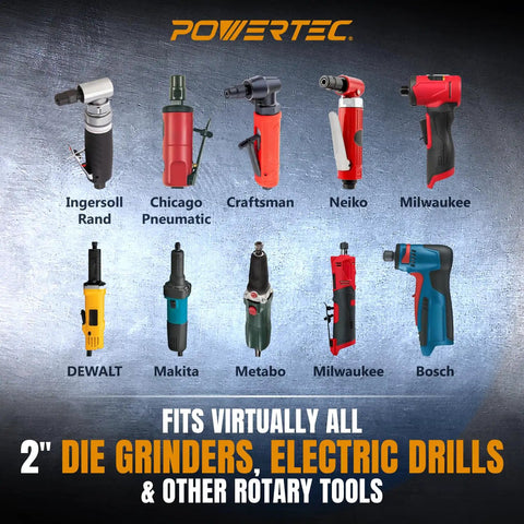 Powertec compatibility chart for 2-inch die grinders, electric drills, and other rotary tools from various brands.