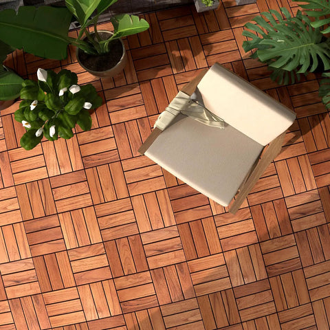 Teak Deck Tiles Interlocking Outdoor Patio Tiles Pack Of Nine, shown with chair on weatherproof hardwood surface.