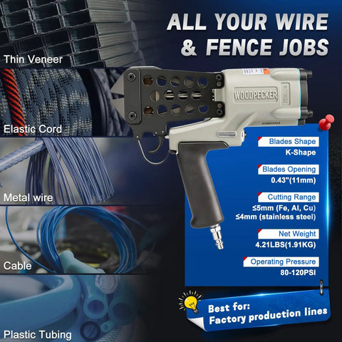 Heavy Duty Pneumatic Wire Cutter For Metal Mesh And Fence Wire With K Shape Blade combining bolt cutter muscle for flush cuts.