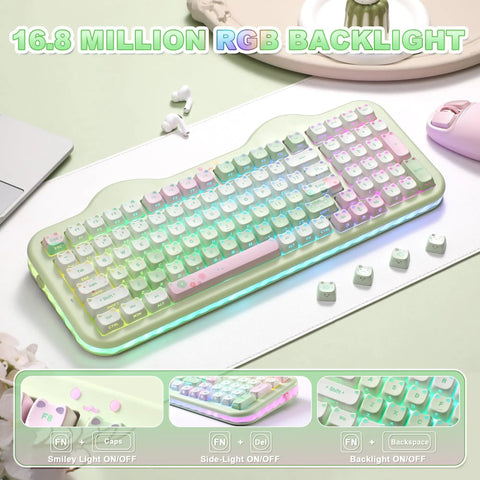 Butter Smooth Milk Switch Wireless Mechanical Keyboard With 98 Key Layout And Full Number Pad Featuring Totally Fire Cake Theme Vibe And Vibrant Dye Sub Keycaps, showcasing 16.8 million RGB backlight.