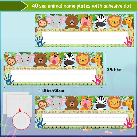 40 Pack Classroom Name Plates For Desks With Adhesive Dots Traditional Manuscript Alphabet Tags 11.8 x 3.9 Inches Animal Theme
