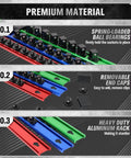 Diagram of Six Piece Socket Organizer Rail Set with 360 Degree Swivel Clips, showcasing aluminum rack and removable end caps.
