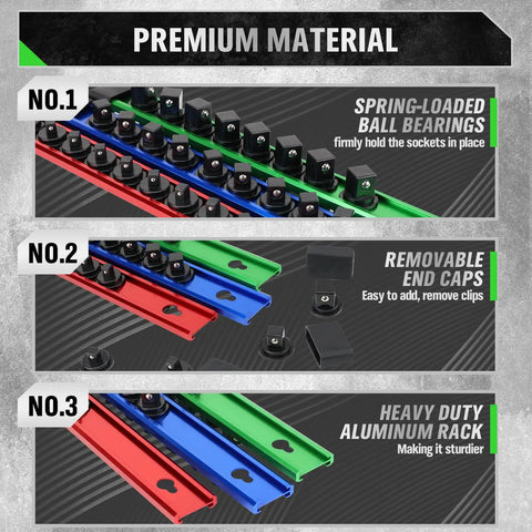 Diagram of Six Piece Socket Organizer Rail Set with 360 Degree Swivel Clips, showcasing aluminum rack and removable end caps.