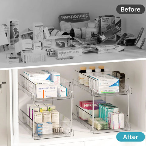 Pull Out Under Sink Organizer Set Of Four Slick Sliding Drawers Multi Purpose Cabinet Storage Tray For Bathroom Vanity Kitchen Pantry Countertop Cosmetic Holder Total Lifesaver in use for organized medication storage.