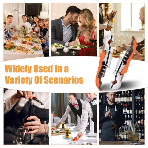 Six Piece Orange Wine Opener Set With Professional Waiter Corkscrews Stainless Bottle Opener Fold Out Serrated Foil Cutter in various settings