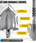 Close-up of Survival Shovel Multitool 28 In 1 For Camping And Hiking with details on unbreakable martensitic steel blade.