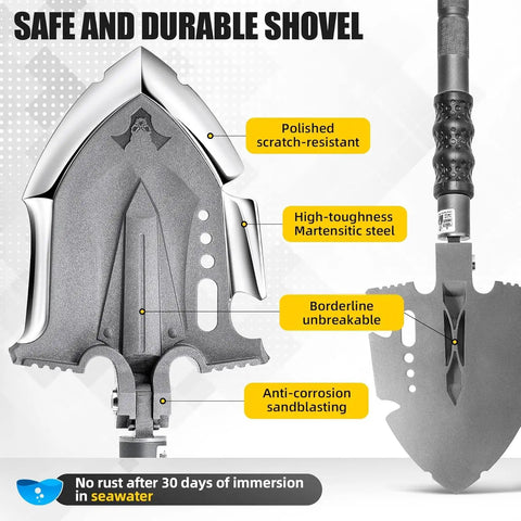 Close-up of Survival Shovel Multitool 28 In 1 For Camping And Hiking with details on unbreakable martensitic steel blade.