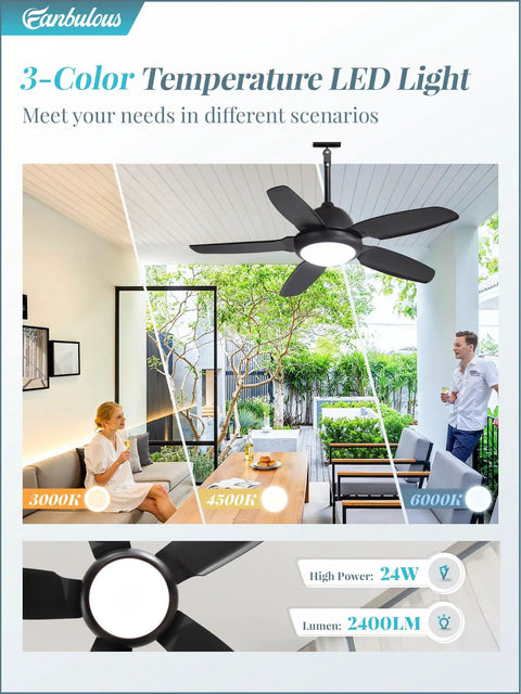 42 Inch Outdoor Waterproof Ceiling Fan With Lights And Remote For Patios And Pergolas IP65 Wet Rated Black 6 Speed DC Motor